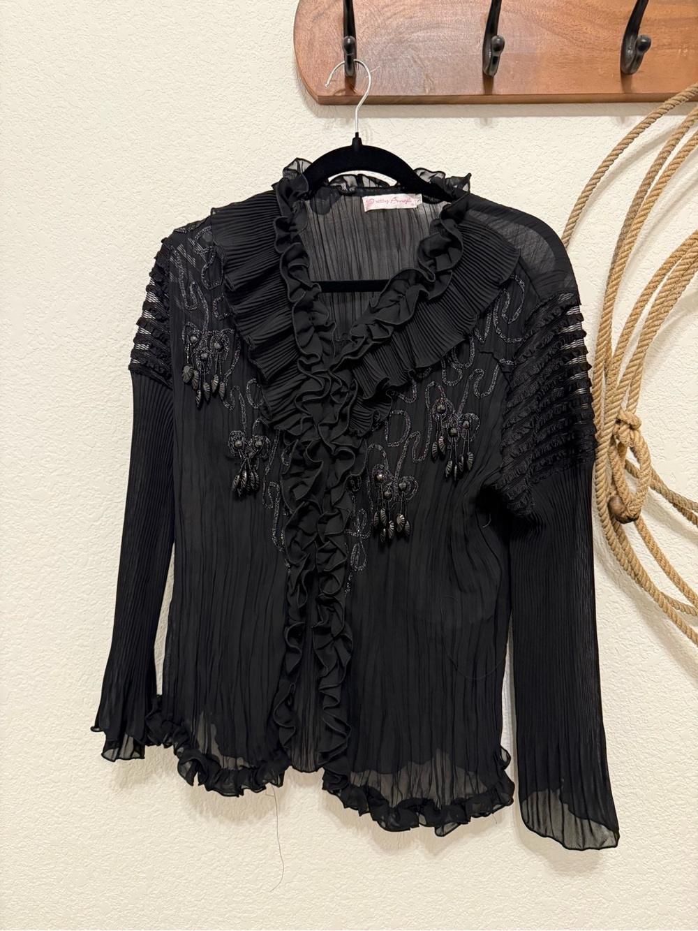 Vintage Y2K Pretty Angel Sheer Plisse Ruffle Beaded Whimsigoth Blouse M